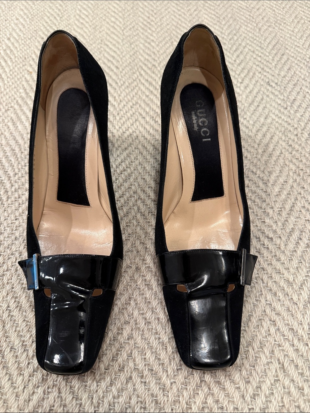 Gucci Black Suede and Patent Leather Square-Toe Pumps with Buckle Detail